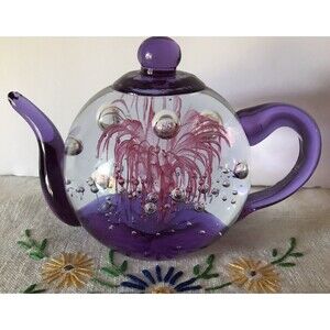 Dynasty Gallery Heirloom Collectibles Glass Teapot Purple w/Pink Flower, Bubbles